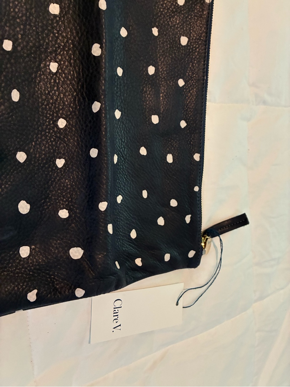 Clare V Navy Leather Clutch with Cream Polka Dots